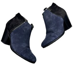 Rag & Bone Margot 2 Tone Blue Black Suede Double Zip Stacked Heel Booties EU 39